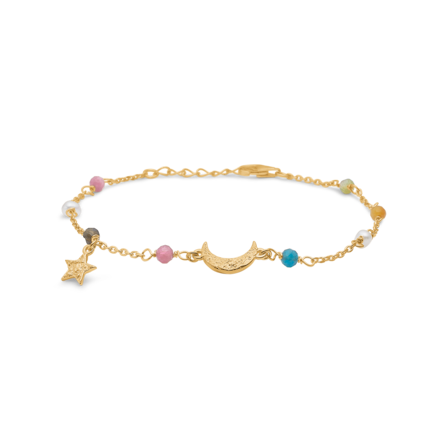 Starlight Bracelet - Gold plated colorful pearl bracelet with moon and star pendant